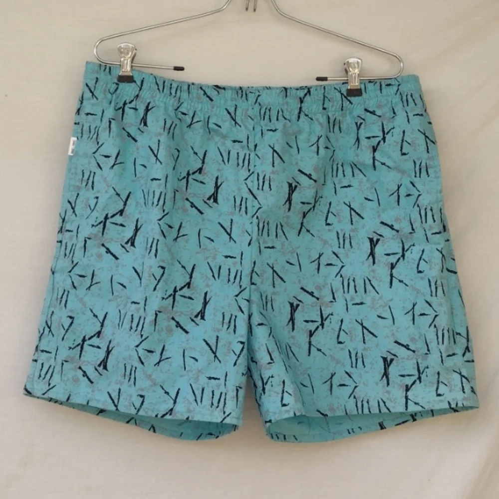 Vintage 80s Aqua Abstract Cotton Swim Trunks Men's Large (36-38)